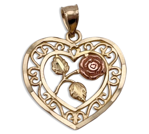 10k yellow & rose gold rose heart shaped pendant
