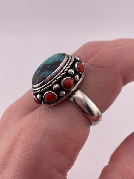 size 9 sterling silver chunky turquoise & coral border ring