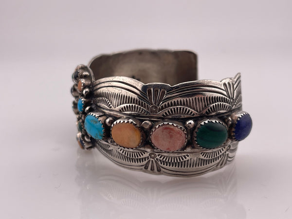 sterling silver Native American signed WB multi-stone watch cuff bracelet