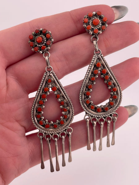 sterling silver Zuni signed DC coral snake eye cluster post dangle earrings