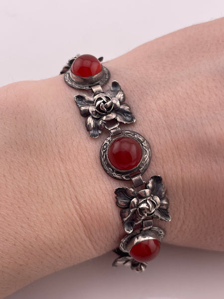 sterling silver 7-1/8" rhodium plated carnelian pressed flower bracelet