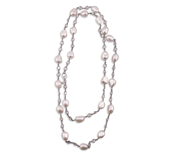 sterling silver 36" pearl & topaz necklace ***Missing one topaz****