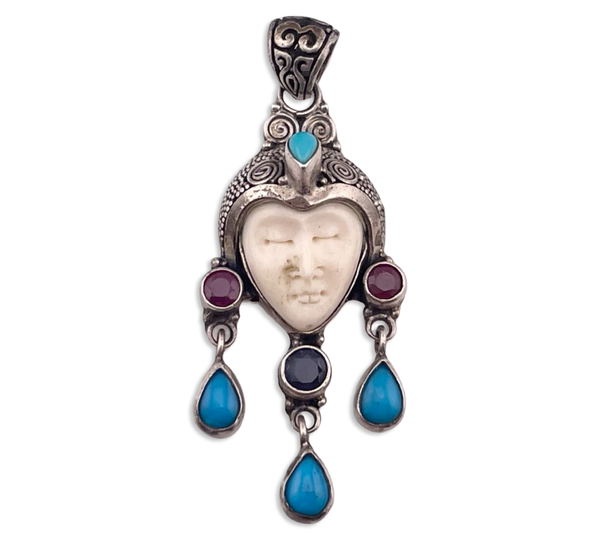 sterling silver plastic face synthetic turquoise faceted garnet iolite pendant