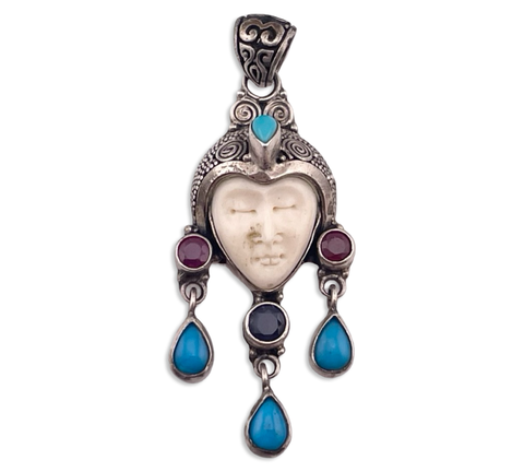 sterling silver plastic face synthetic turquoise faceted garnet iolite pendant
