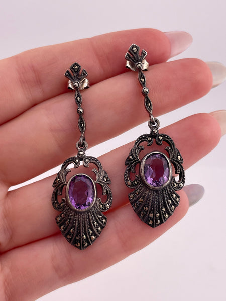 sterling silver marcasite & faceted amethyst pendulum post dangle earrings