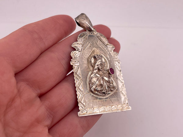 sterling silver St. Mary lab ruby pendant ***Chipped Stone***