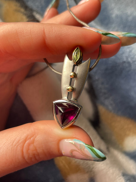sterling silver & gold plated faceted garnet & peridot matte finish necklace