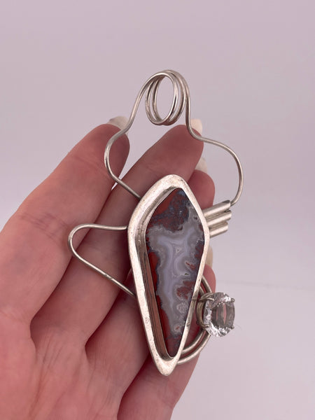 sterling silver large artisan agate & faceted quartz freeform pendant