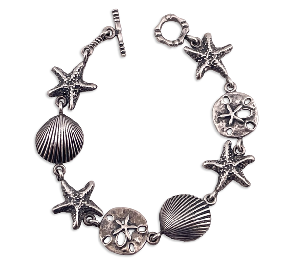 sterling silver sea shell sand dollar starfish link bracelet