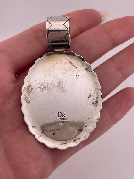 sterling silver 2-1/2" DTR large stabilized turquoise stamped pendant ***Hairline Cracks***