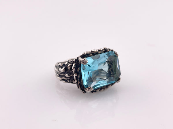 size 7.25 sterling silver faceted blue glass brutalist setting ring