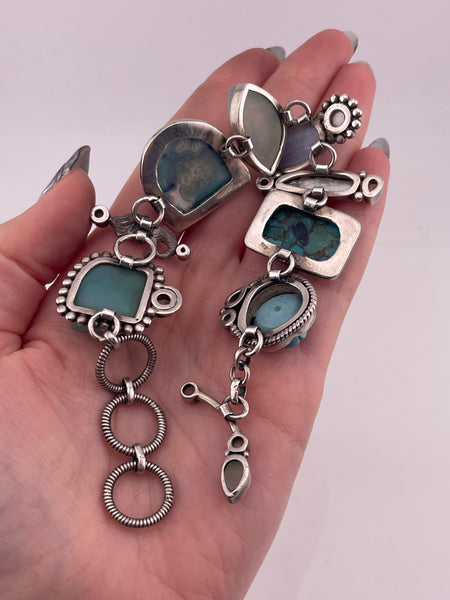 sterling silver 7-1/8" to 8-3/8" multi-stone mermaid link bracelet