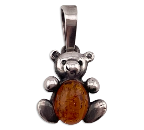 sterling silver amber teddy bear pendant