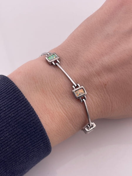 sterling silver 7" synthetic opal link bracelet