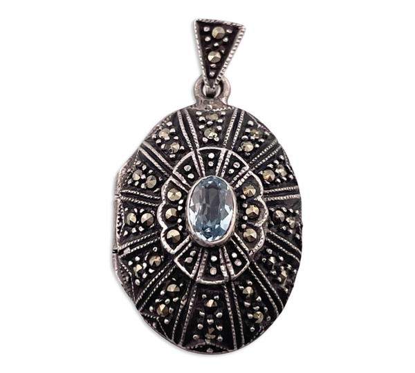 sterling silver marcasite faceted topaz locket pendant