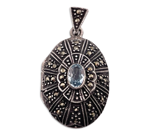 sterling silver marcasite faceted topaz locket pendant