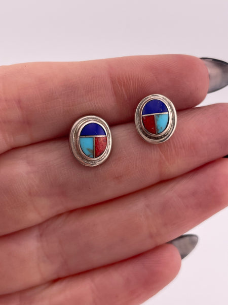 sterling silver small multi-stone inlay post earrings
