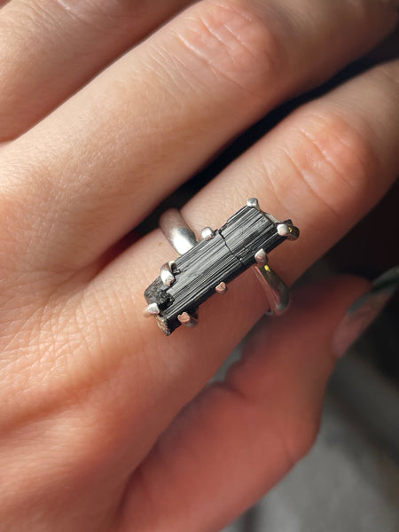 size 8.5-9.5 adjustable sterling silver black tourmaline ring **AS IS**