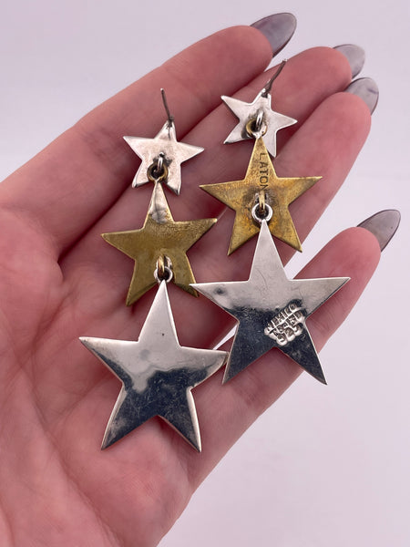 sterling silver & brass 2-1/2" star dangle earrings