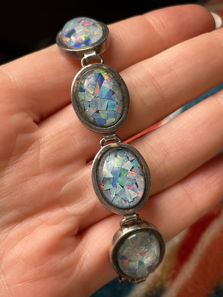 sterling silver 7" mosaic opal link bracelet