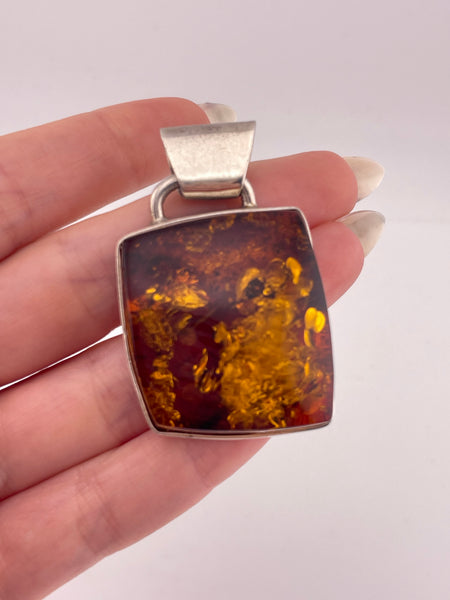 sterling silver 2" square-ish amber pendant