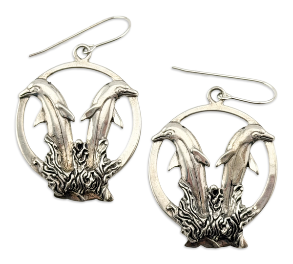 sterling silver large double dolphin dangle earrings