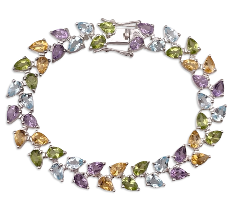 sterling silver faceted multi-gemstone link bracelet