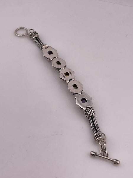 sterling silver 7-1/2" faceted multi-stone wheat chain link bracelet