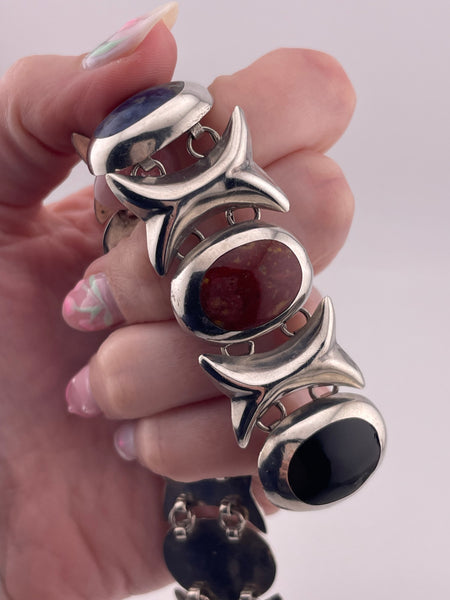sterling silver chunky Mexican multi-stone link bracelet