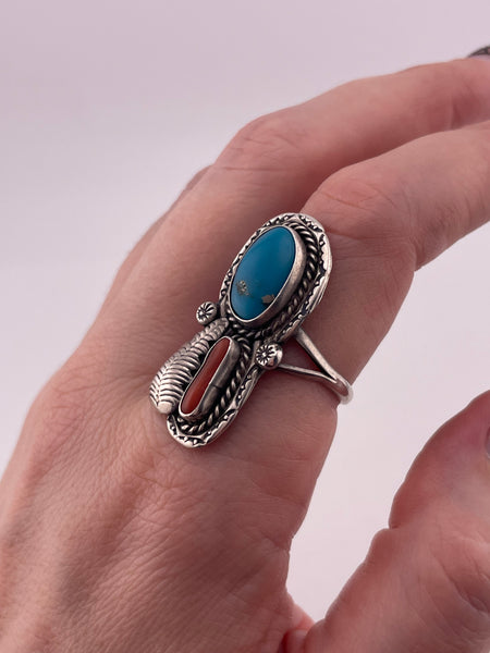 size 8.75 sterling silver turquoise & coral ring