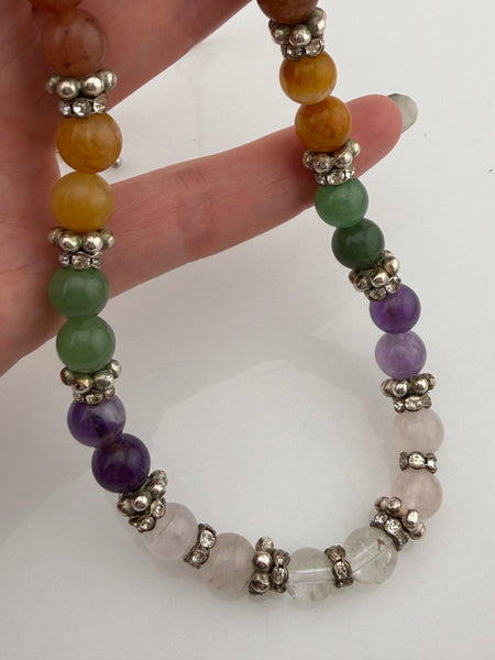 sterling silver colorful rainbow multi-gemstone & rhinestone necklace