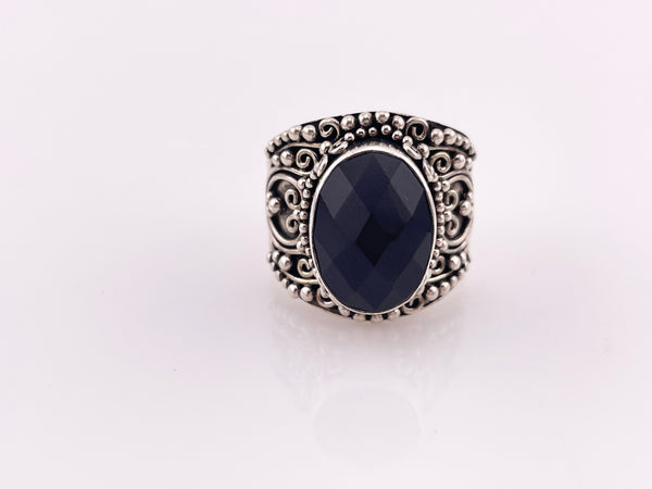 size 7.75 sterling silver faceted black glass ring