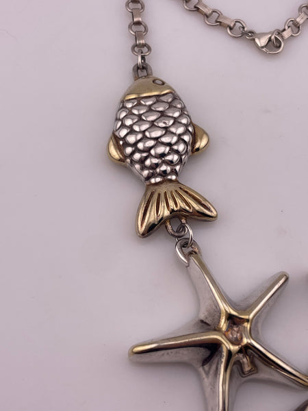 sterling silver & gold wash electroform fish & starfish statement necklace
