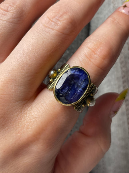 size 8.75 sterling silver & brass kyanite pearl flower band ring