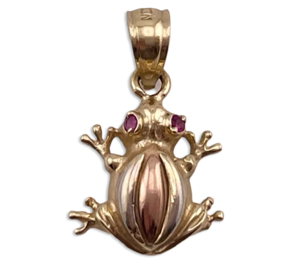 14k yellow & rose gold frog w/ ruby eyes pendant