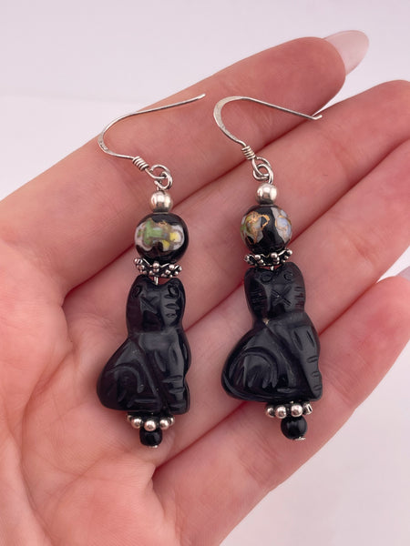 sterling silver carved cat bead dangle earrings