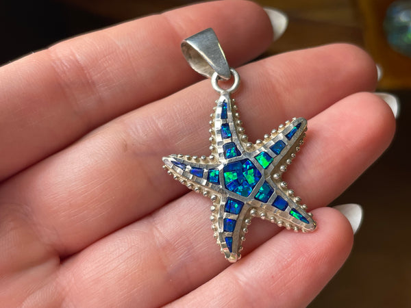 sterling silver mosaic lab opal starfish pendant