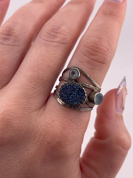 size 8.75 sterling silver druzy doublet faceted topaz glass textured band ring