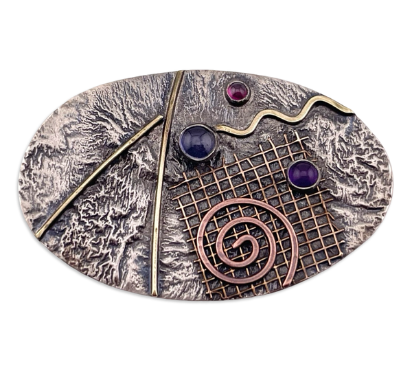 sterling silver, copper, brass iolite amethyst garnet artisan brooch pin