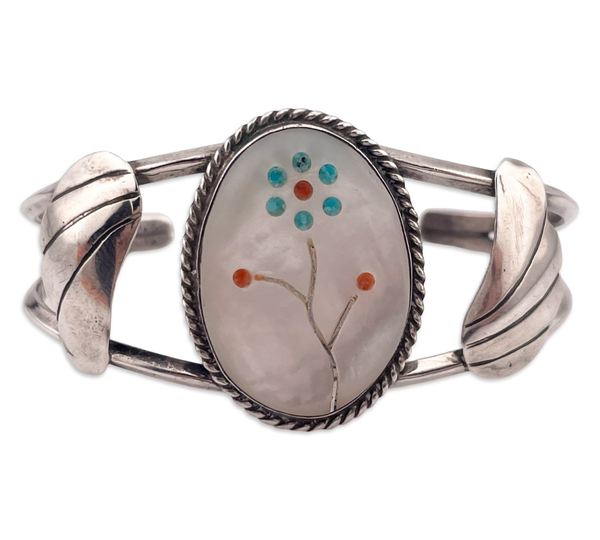 sterling silver multi-stone inlay flower cuff bracelet