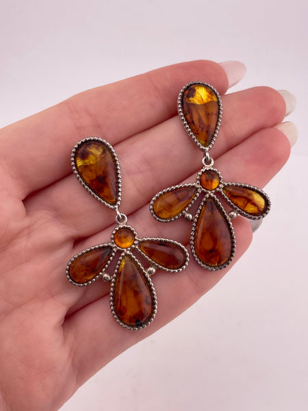 sterling silver synthetic amber post dangle earrings