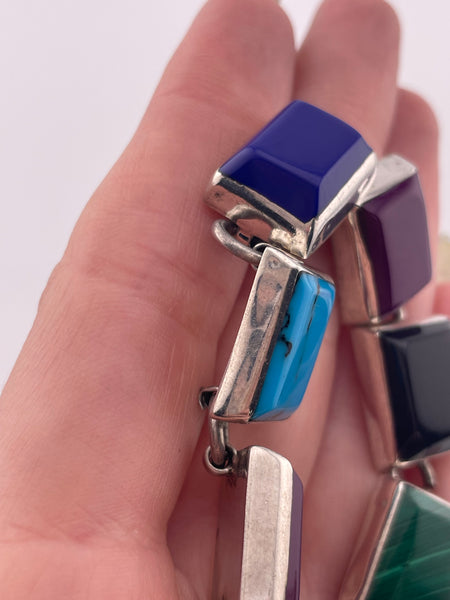 sterling silver Mexican heavy synthetic stone link bracelet