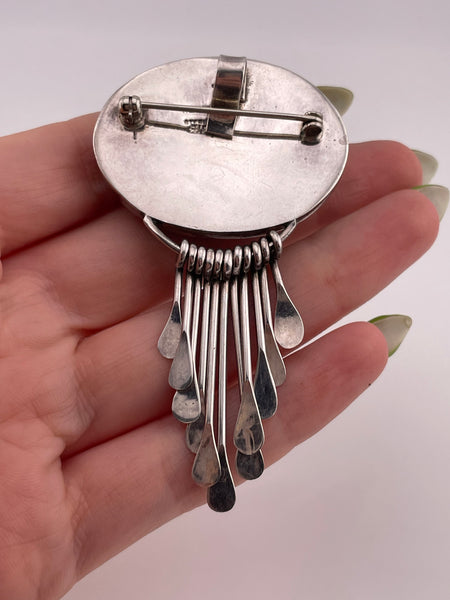 sterling silver large onyx fringe brooch / pendant