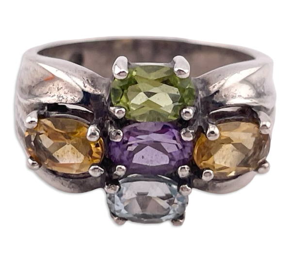 size 7 sterling silver faceted multi-gemstone ring