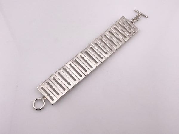 sterling silver Mexican chunky heavy rectangle cut-out panel toggle clasp link bracelet