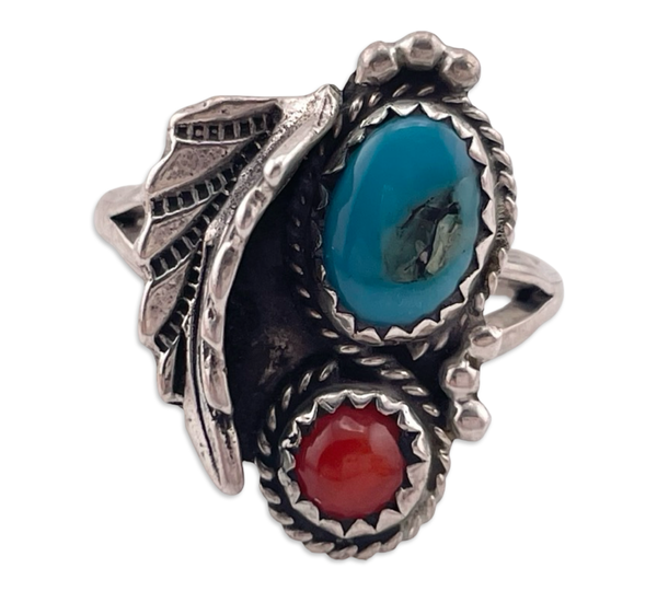 size 7.5 sterling silver turquoise coral ring