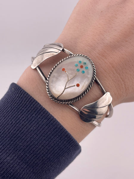 sterling silver multi-stone inlay flower cuff bracelet
