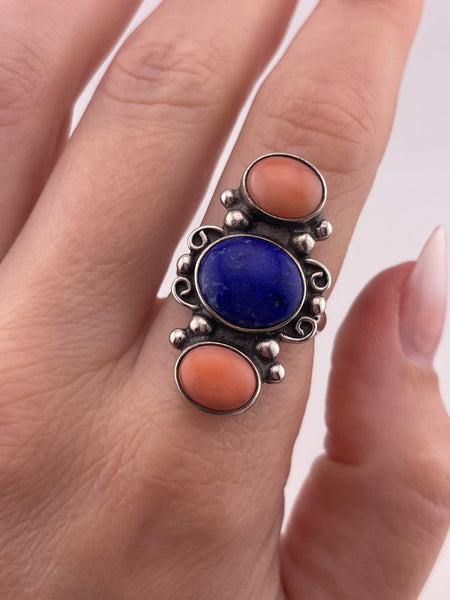 size 7.75 sterling silver lapis coral ring