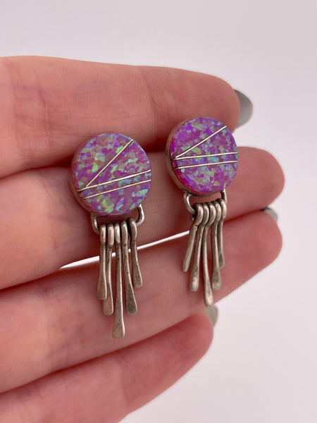 sterling silver pink synthetic opal inlay round fringe post earrings