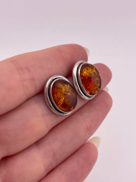 sterling silver oval amber post earrings